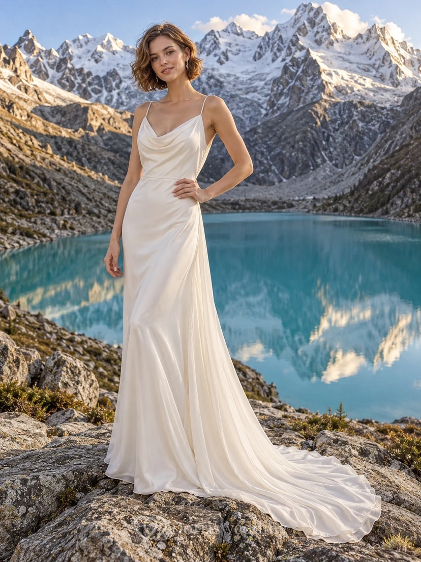 Vestido de novia de gasa con escote drapeado, tirantes finos, drapeado lateral y cola de tubo.