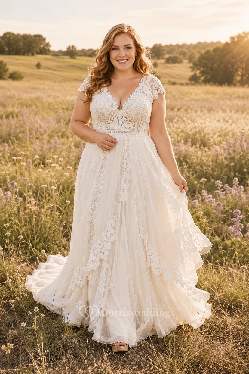Vestido de novia de talla grande con mangas cortas, escote en V, encaje y corte en A con cola de tul.