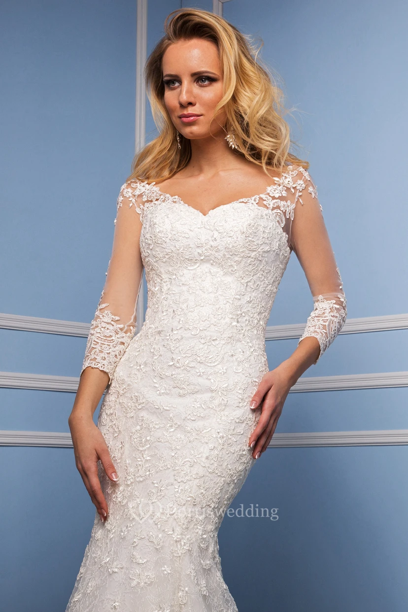 Mermaid 3-4 Sleeve V-Neck Appliqued Lace Elegant Wedding Dress With Chapel Train view 4