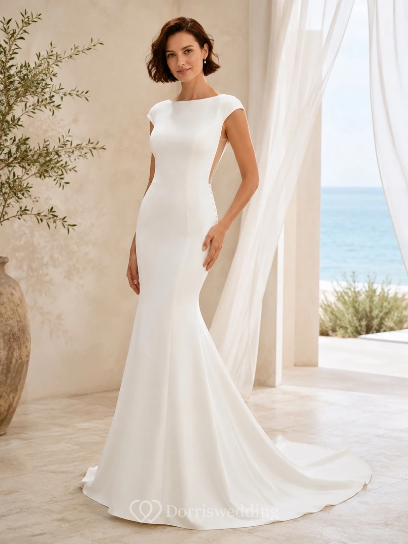 Dusk Toned Satin Bateau Neck Short Sleeve Mermaid Sweep Train Bridal Dress