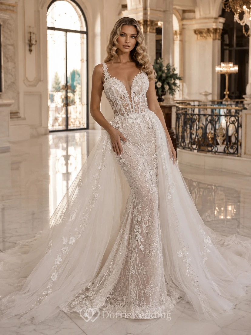 Robe de mariée Pavilion Bridal en tulle et dentelle discrète, décolleté en V profond, sans manches, coupe trapèze, traîne chapelle, surjupe amovible