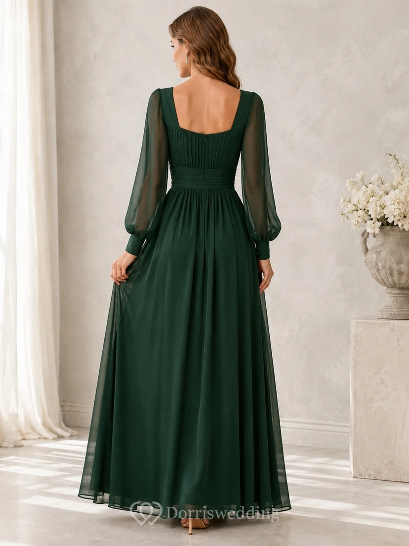 Dark Green Chiffon Square-Neck Long-Sleeve A-Line Floor-Length Dress view 2