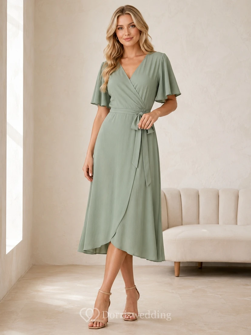 Tea-Length Sage Green Romantic Ruched Jersey Wrap Guest Dress