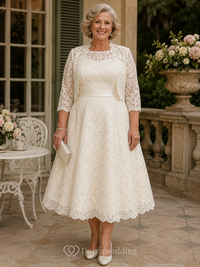 Teelange Spitzenjacke, Hochzeitskleid für ältere Bräute mit langen Ärmeln