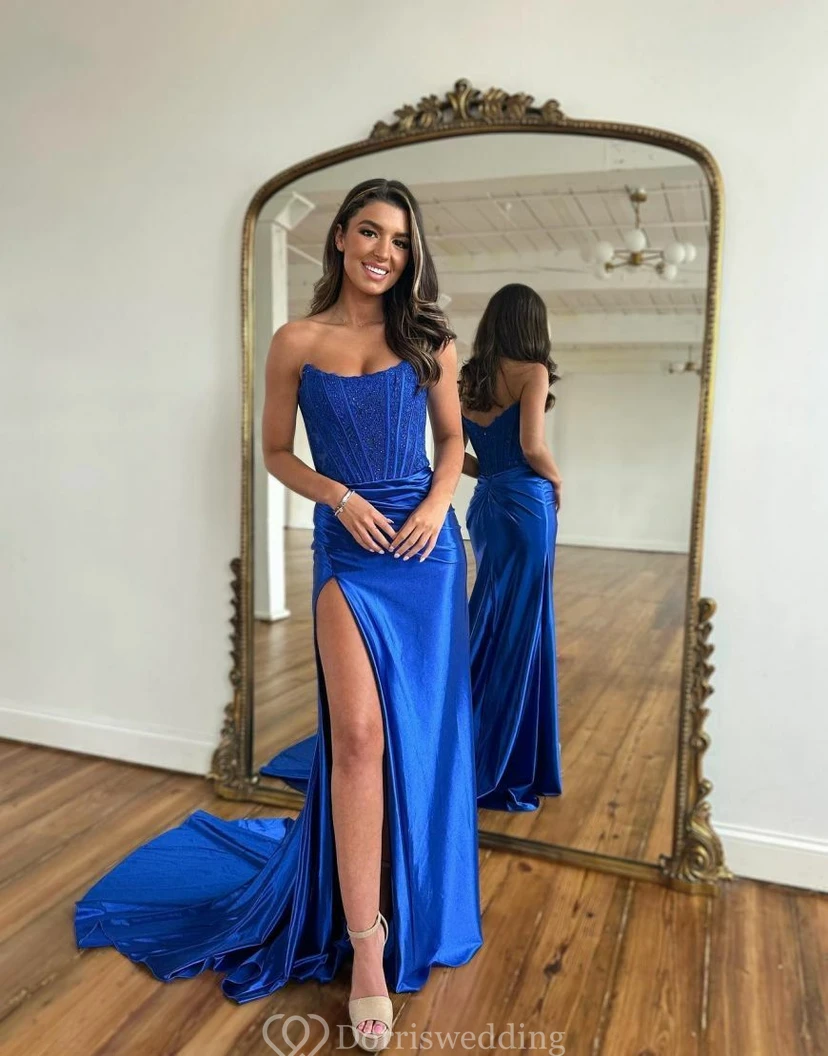 Blue Beaded Corset Gown view 3