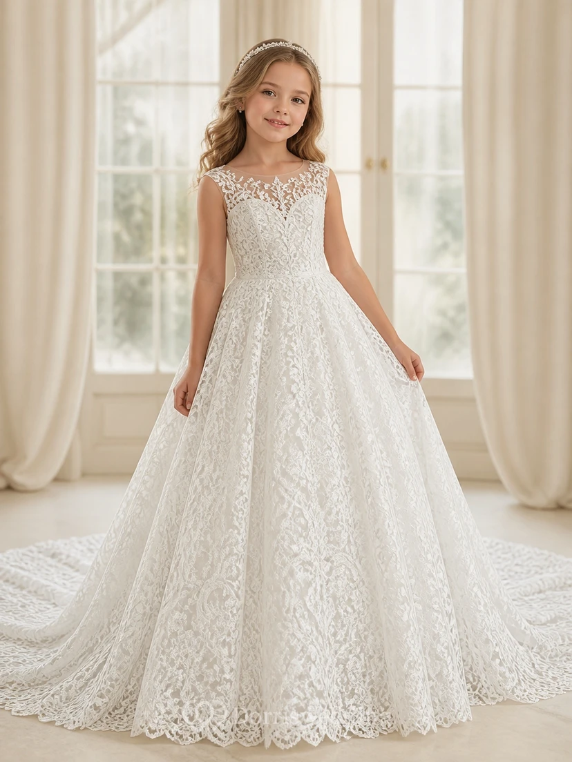 Princess A-Line Scoop Sleeveless Floral Lace Cathedral Train Flowergirl Dress