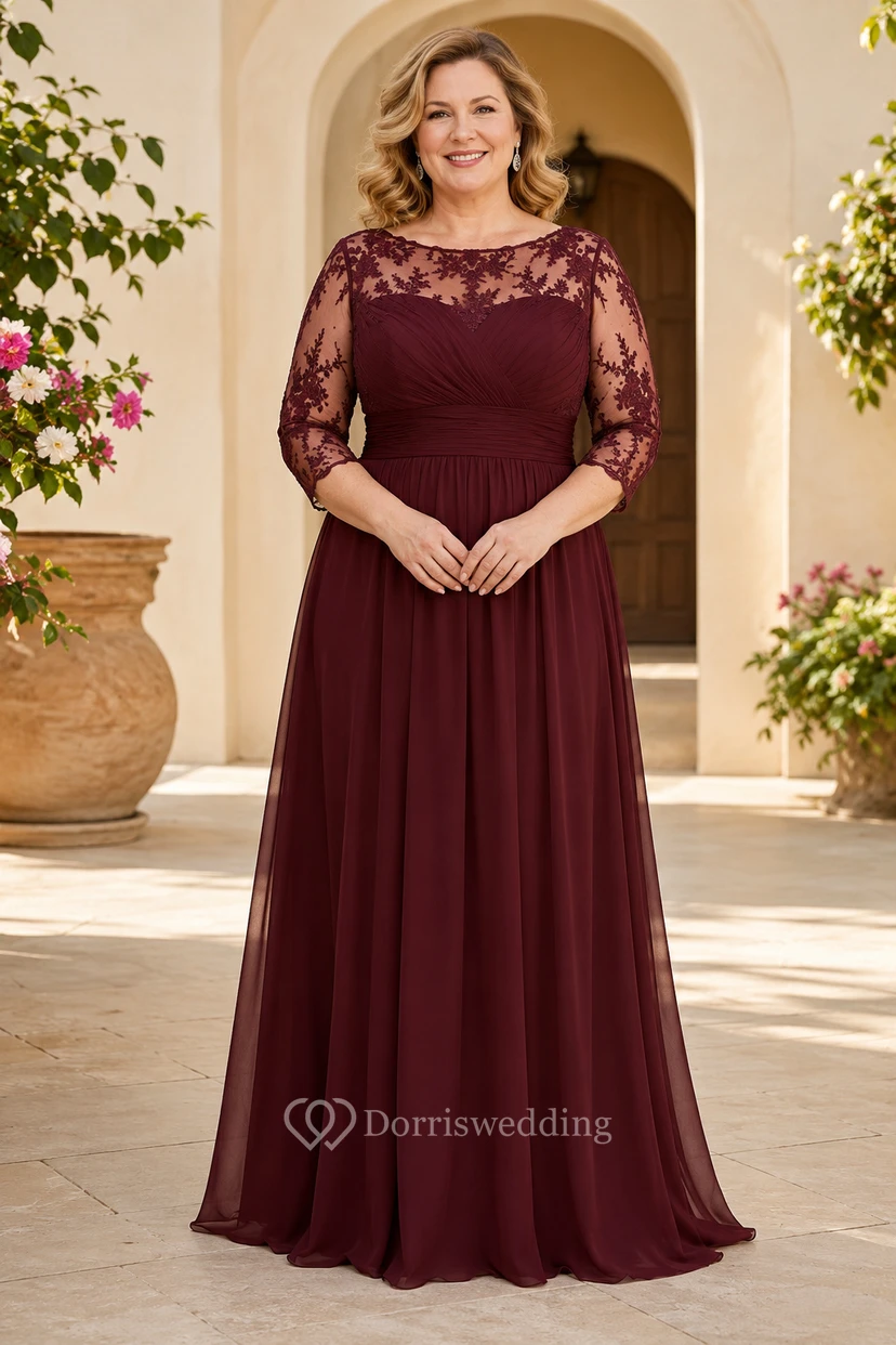 Mutterkleid aus burgunderfarbenem Chiffon mit Spitzeneinsatz in Übergröße
