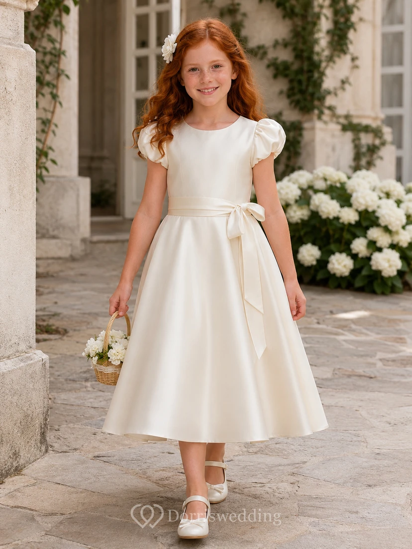 Klassisches, teelanges A-Linien-Kleid aus Satin mit Rundhalsausschnitt, Puffärmeln und Schleife für Blumenmädchen