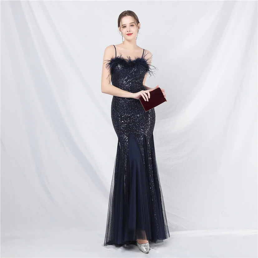 Craft Ostrich Feather Mesh Sequined Long Evening Dress view 41