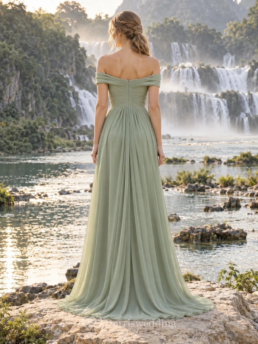 Schlichtes, salbeigrünes, schulterfreies, drapiertes Etuikleid mit Schlitz – Brautkleid view 2