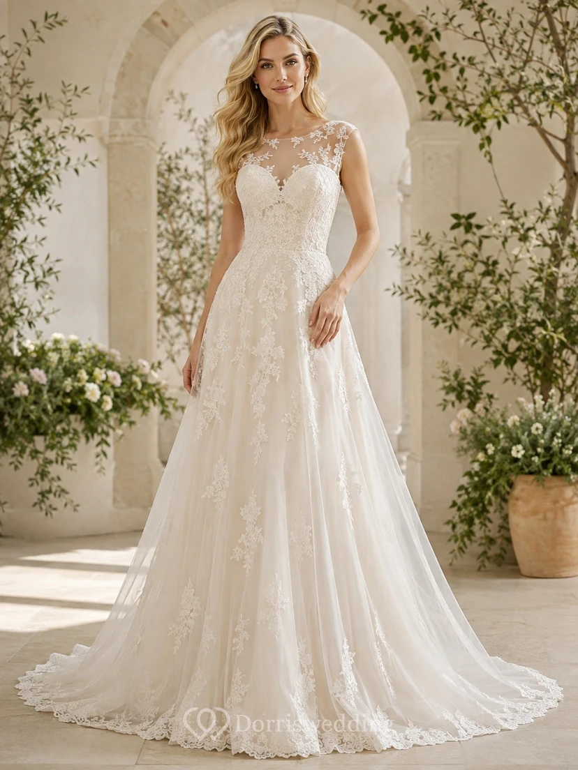Vestido de novia formal de corte A, modesto, de manga larga, cuello alto, bolero de encaje y cola.