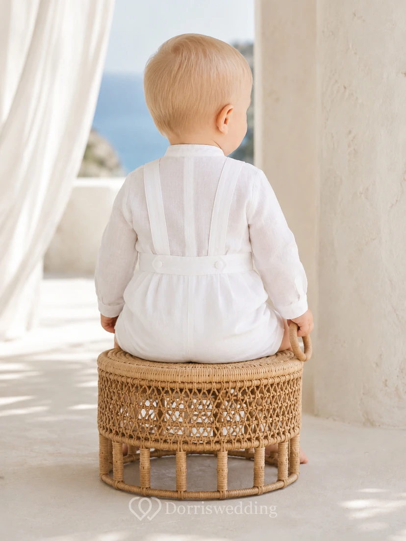 Moderner weißer, langärmeliger, kragenloser Leinen-Baby-Tauf-Strampler (Shorts) view 2