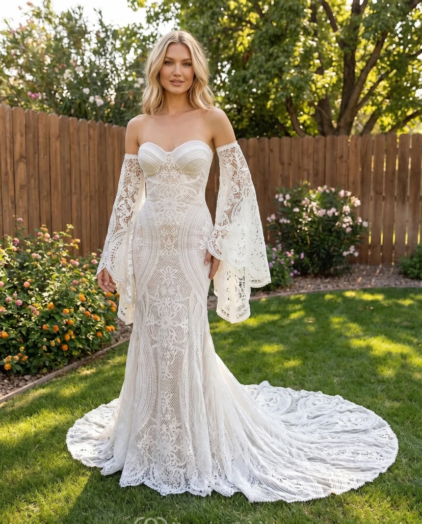 Robe de mariée sirène en dentelle à manches cloche amovibles, épaules dénudées, style bohème view 6