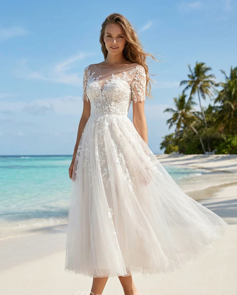 Robe de mariée de plage en dentelle et tulle, coupe trapèze, longueur thé, manches courtes illusion