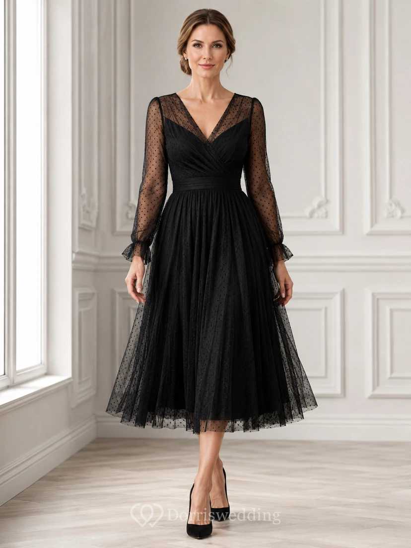 Noir Reverie Schwarzes A-Linien-Cocktailkleid aus Tüll mit V-Ausschnitt, langen Ärmeln und dezentem Schnitt