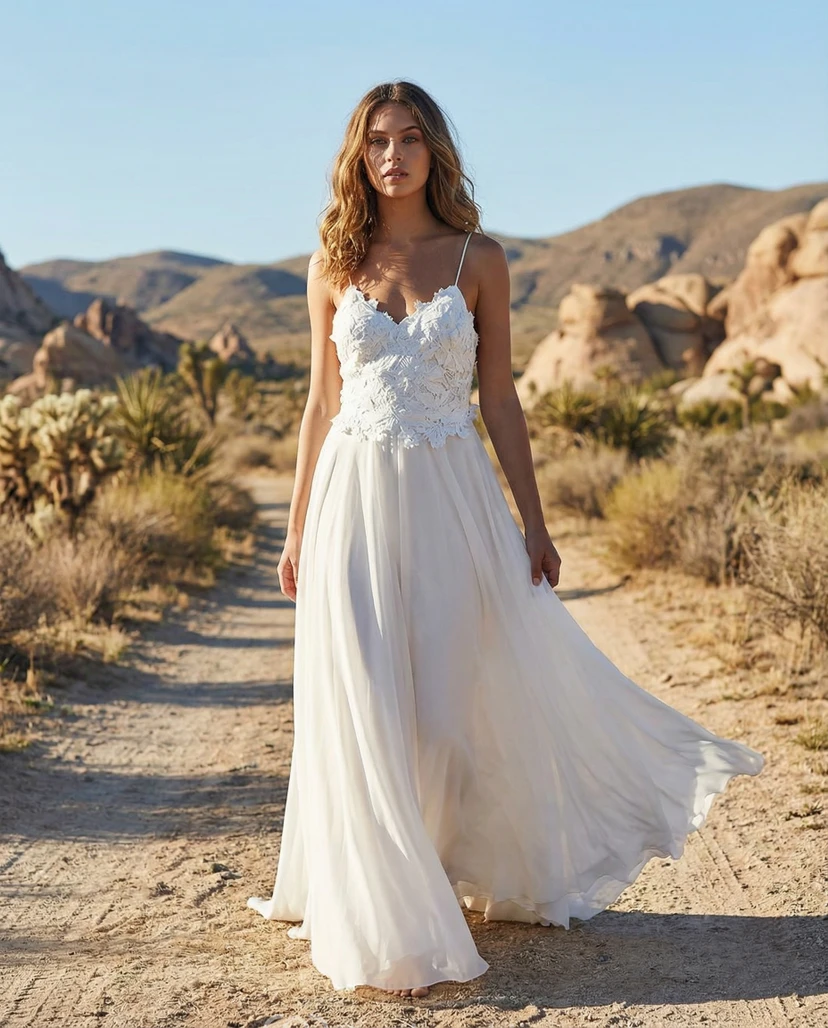 Robe de mariée en mousseline à bretelles spaghetti