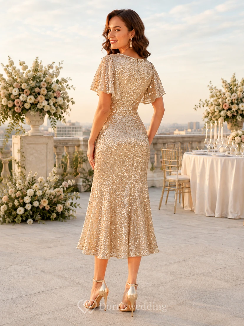 Golden Flutter Champagner Etuikleid mit Teelänge, V-Ausschnitt und kurzen Ärmeln, Pailletten – Luxus-Gästekleid view 2