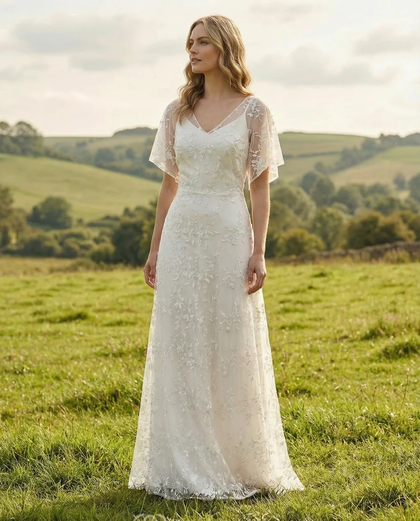 Robe de mariée bohème en dentelle, coupe trapèze, col en V, manches papillon, style champêtre