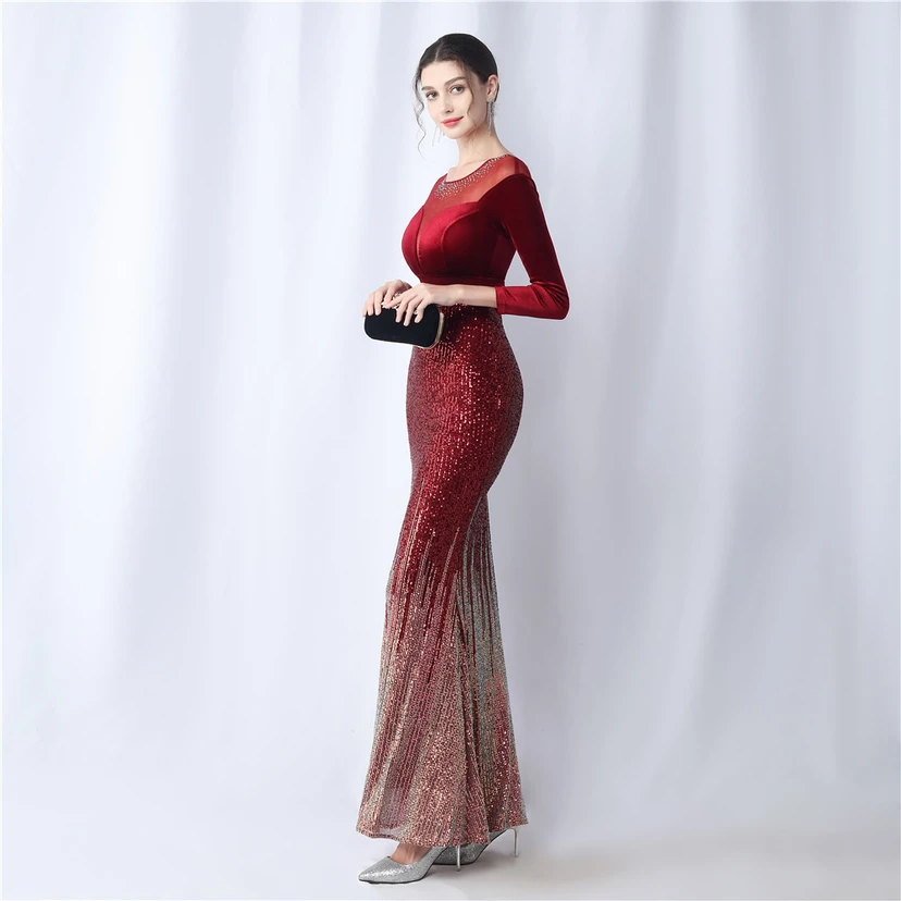 Long-Sleeved Fishtail Evening Dress High-End Atmosphere Elegant Banquet Temperament Velvet Aura Queen view 5