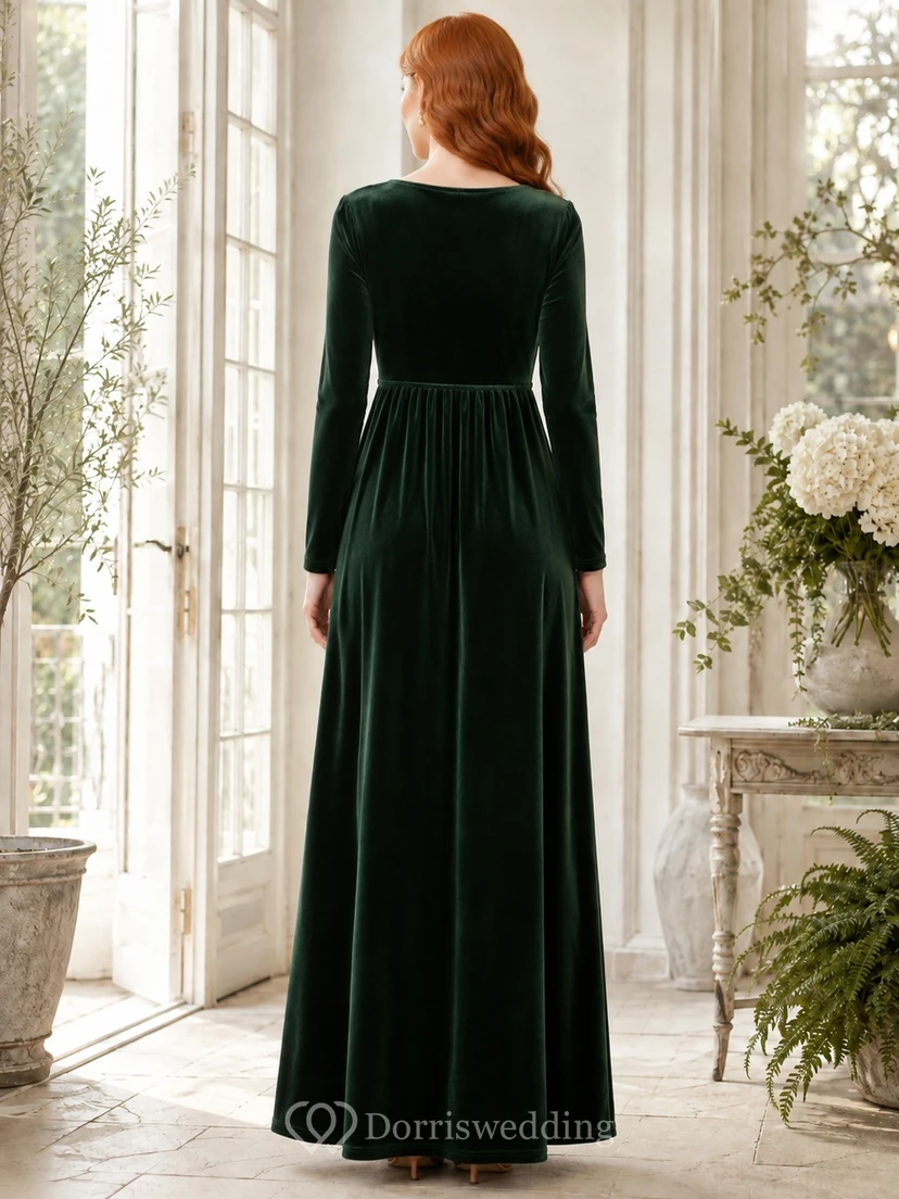 Modest Dark Green Jewel Neck Long Sleeve Velvet A-Line Floor-Length Gown view 2