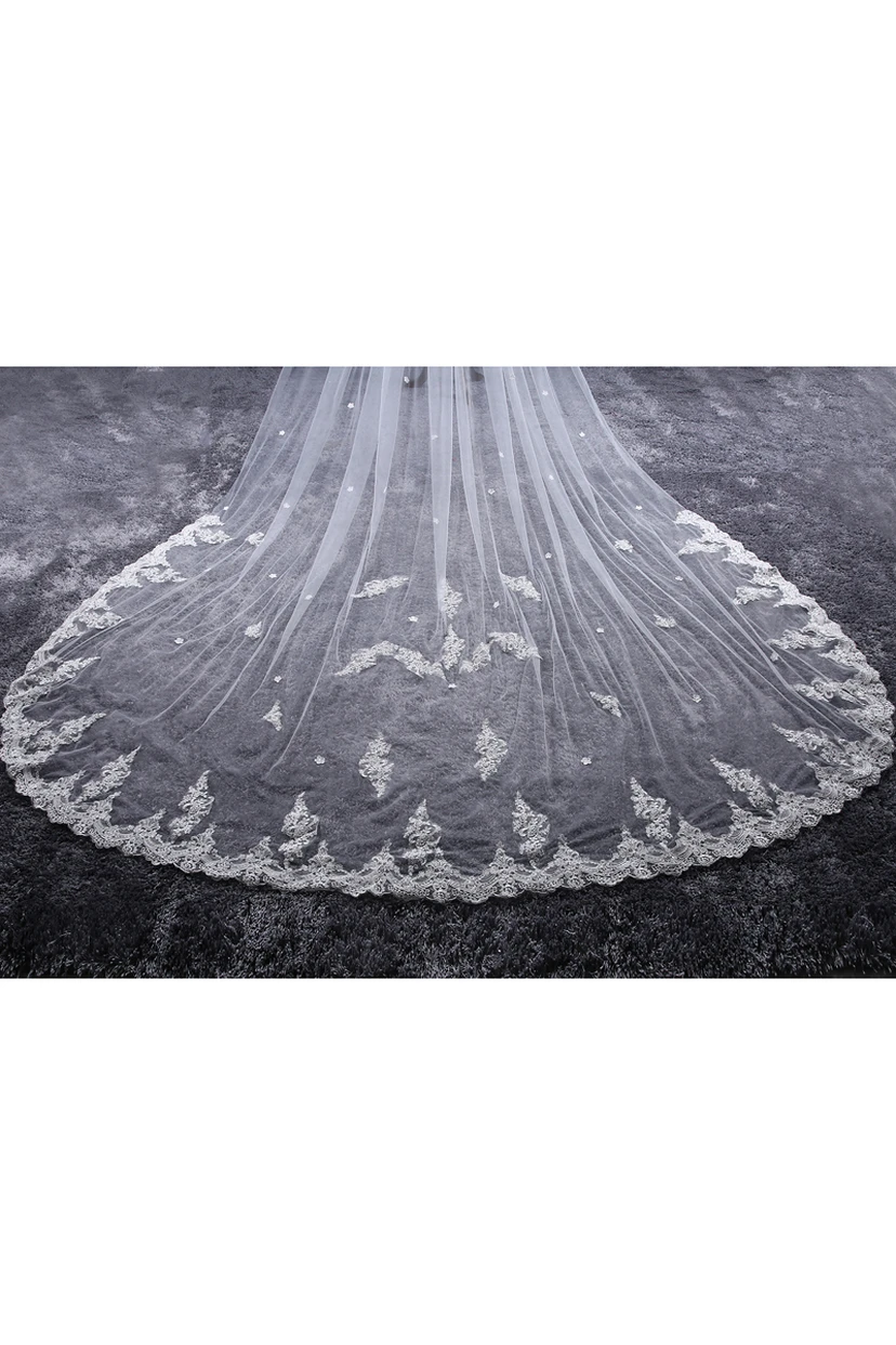 Cathedral Wedding Veil with Lace Edge and Flower Applique view 3