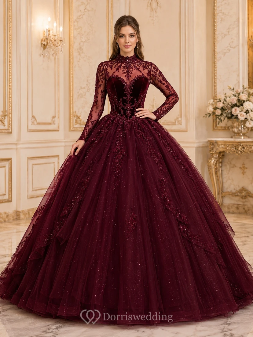 Modest Burgundy Quinceanera Ball Gown High Neck Long Sleeve Dress