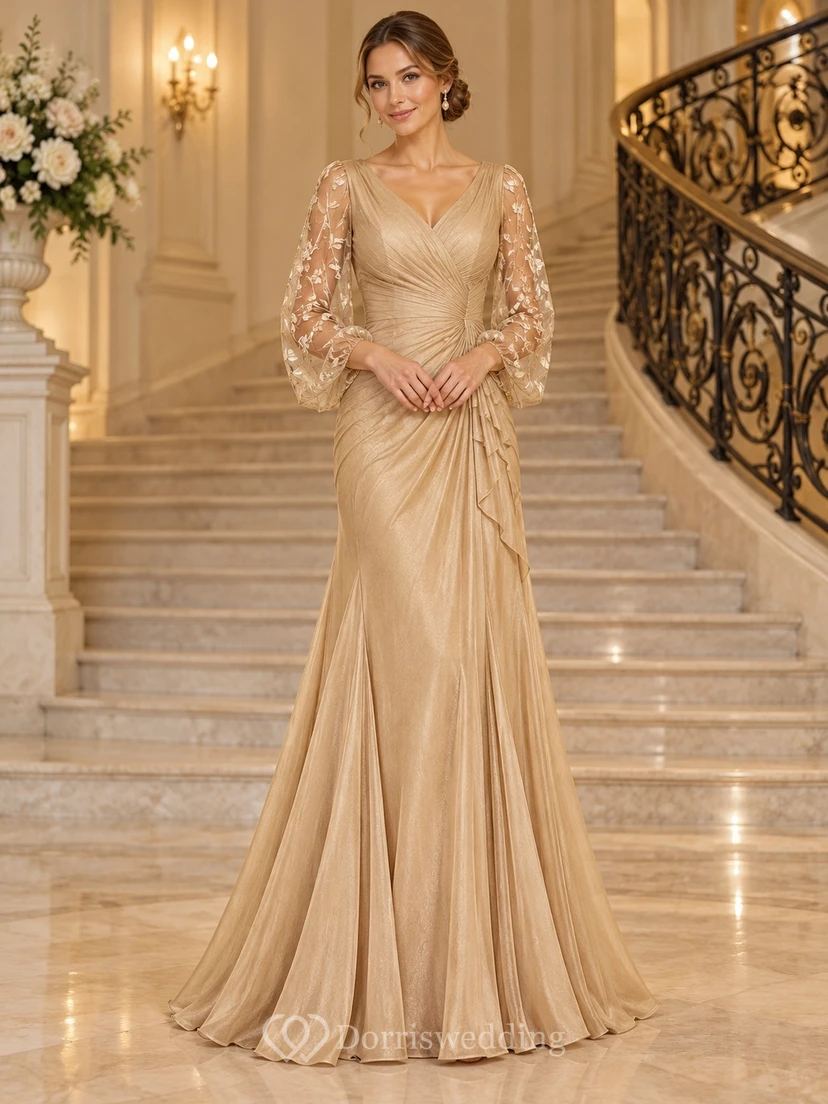 Gold V Neck Embroidered Bishop Sleeve Ruched Waist Evening Gown