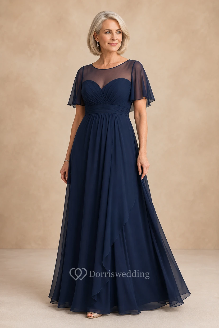 Dunkelblaues Chiffon-Kleid mit Illusion-Bateau-Ausschnitt und A-Linien-Abschnitt – perfekt für Mütter