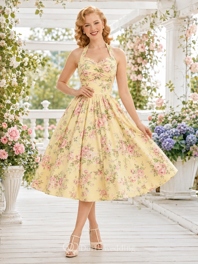 Robe de jardin romantique jaune à fleurs en mousseline de soie, coupe trapèze, longueur thé, col carré, sans manches
