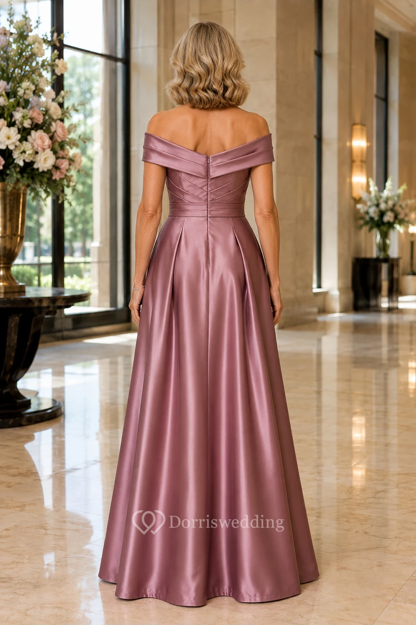 Altrosa Satin-Kleid mit schulterfreiem Ausschnitt und A-Linien-Schnitt für Mütter view 2