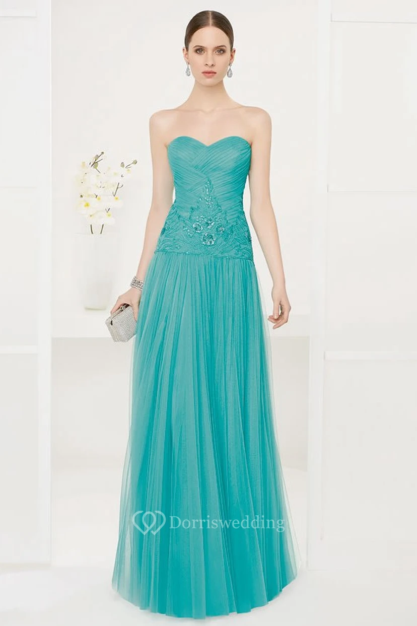 Sweetheart Drop Waist A-Line Tulle Long Prom Dress With Sequined Embroidery
