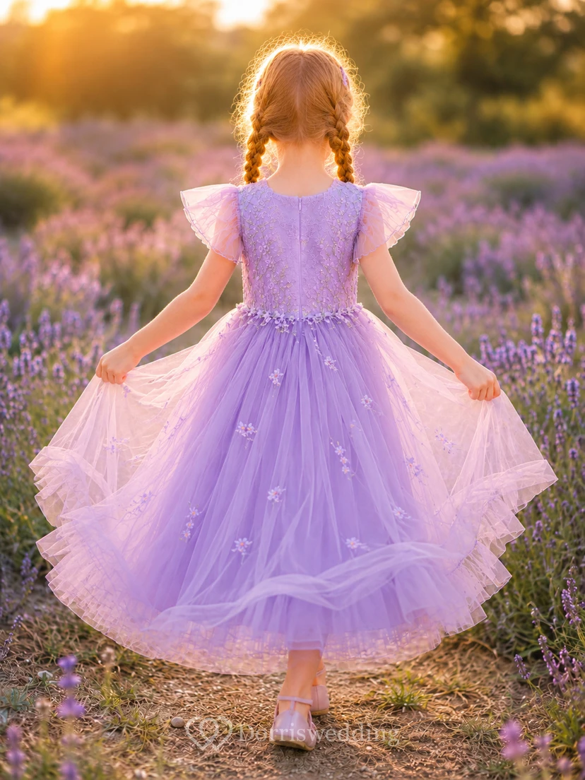 Blumenmädchenkleid aus lavendelfarbenem Tüll, A-Linie, Rundhalsausschnitt, Teelänge view 2