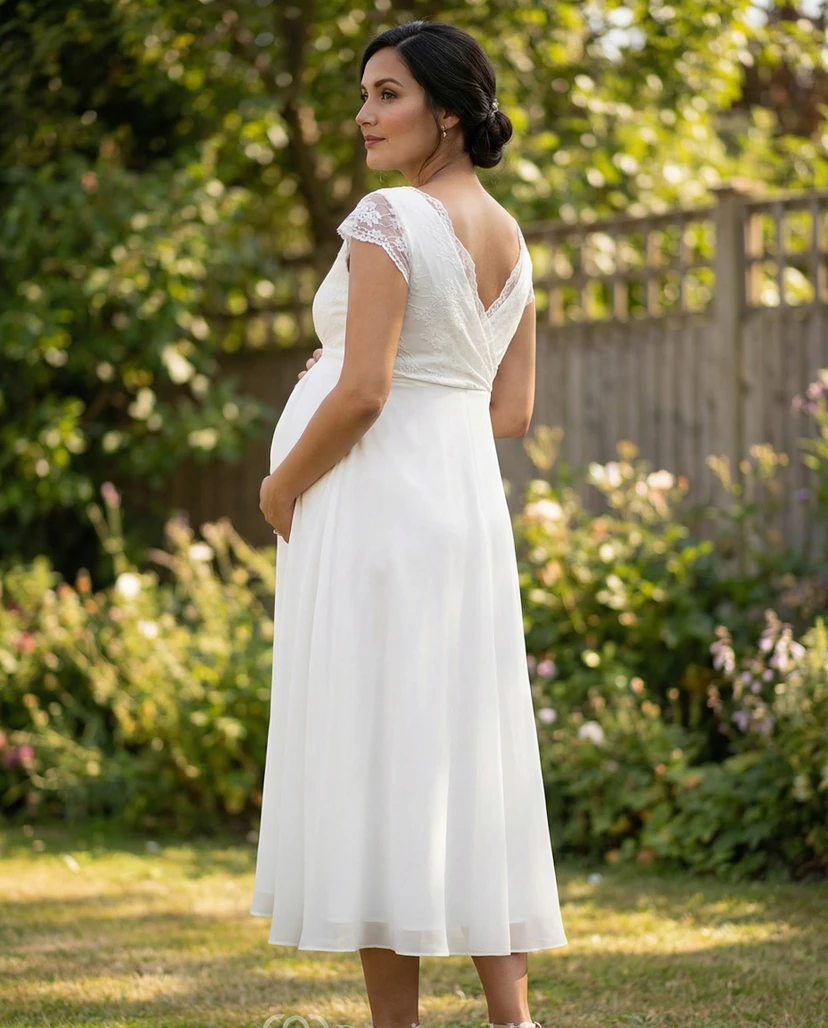 Robe de mariée de maternité blanche en dentelle à manches courtes et col en V view 2