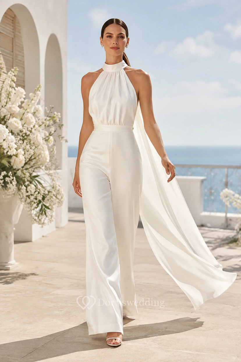 Combinaison de mariée blanche dos nu avec traîne fluide