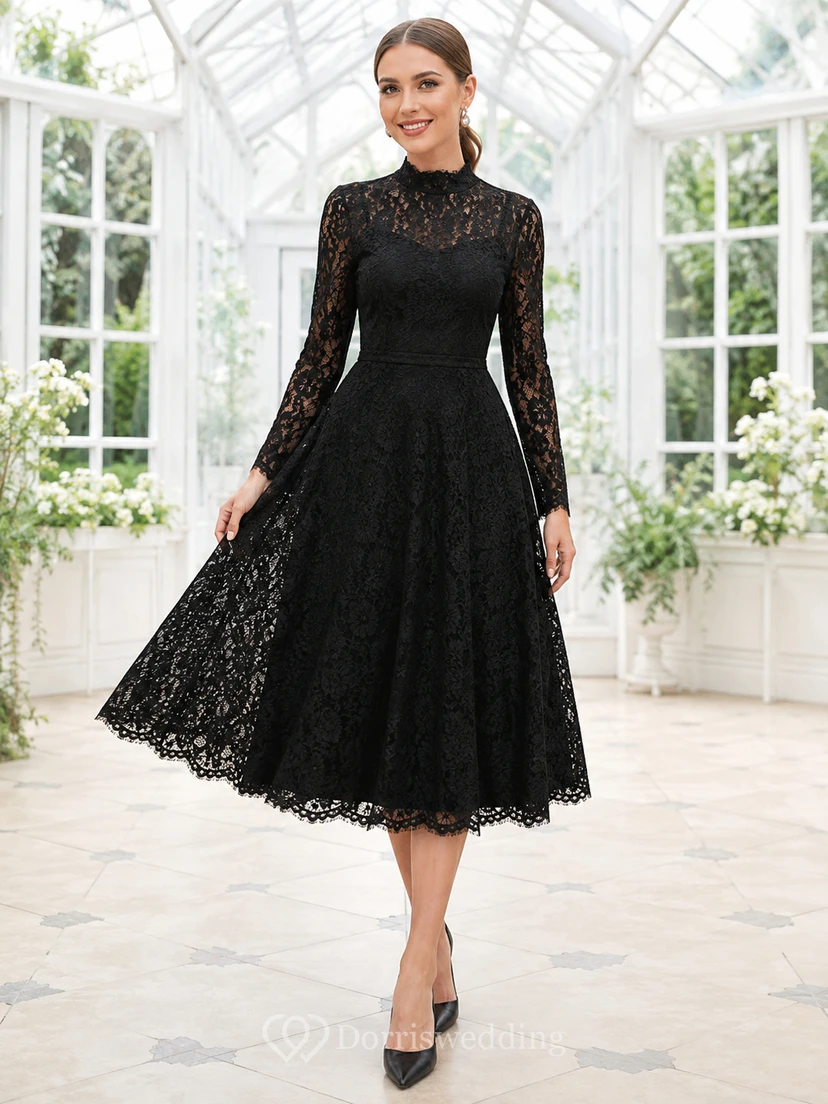 Schwarzes Vintage-Cocktailkleid mit hohem Kragen, Illusionsspitze und langen Ärmeln