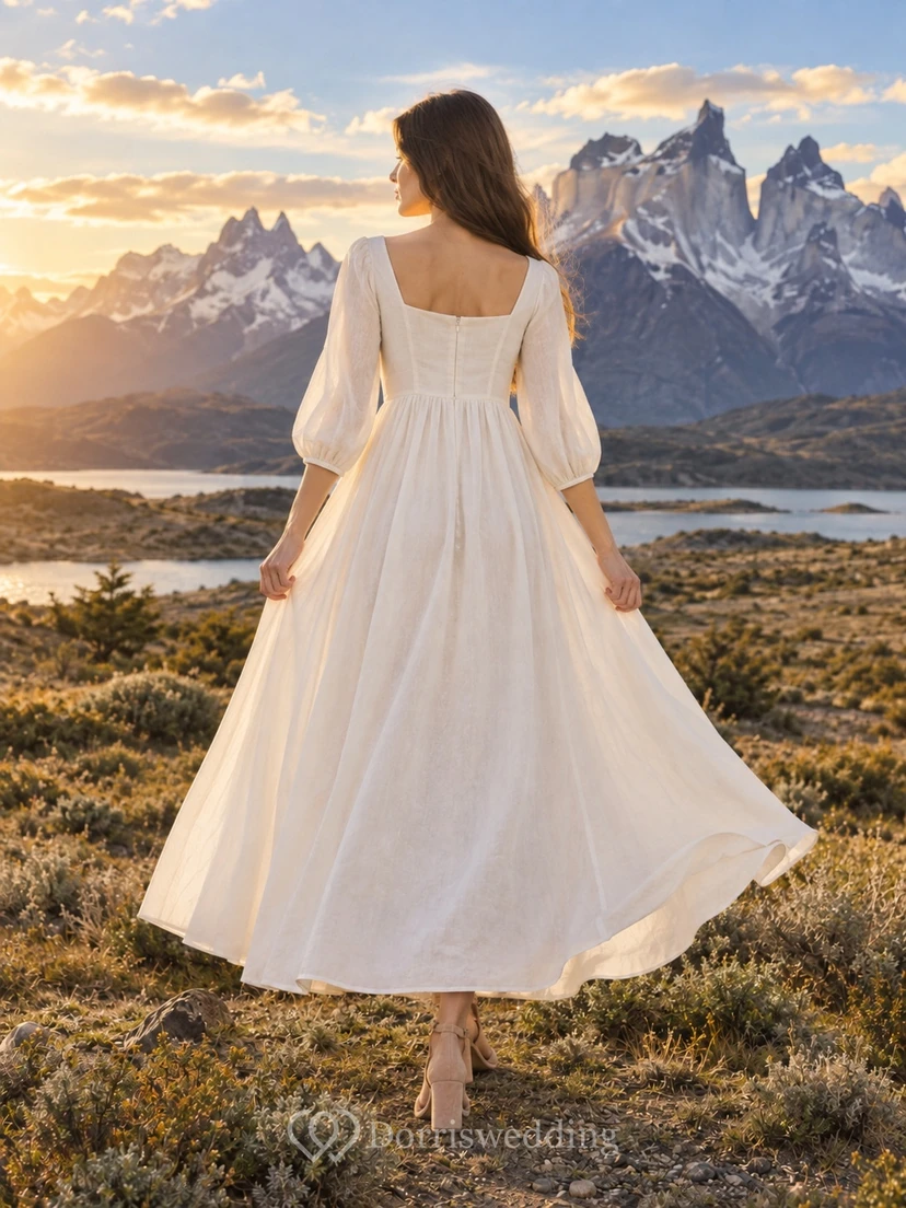 Sencillo vestido de novia de popelina de largo midi con escote barco, mangas tres cuartos y falda fruncida. view 2