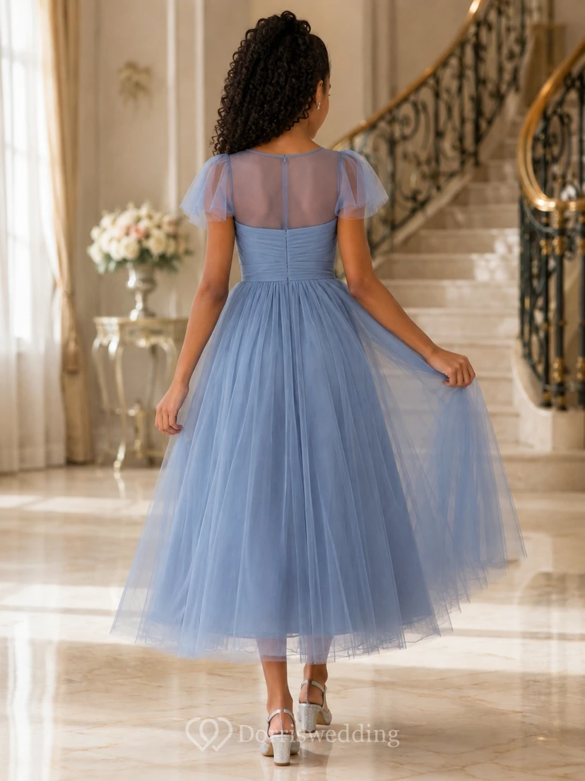 Stahlblaues Brautjungfernkleid für junge Damen, A-Linie, herzförmiger Schnitt, kurze Ärmel, Tüllrock view 2