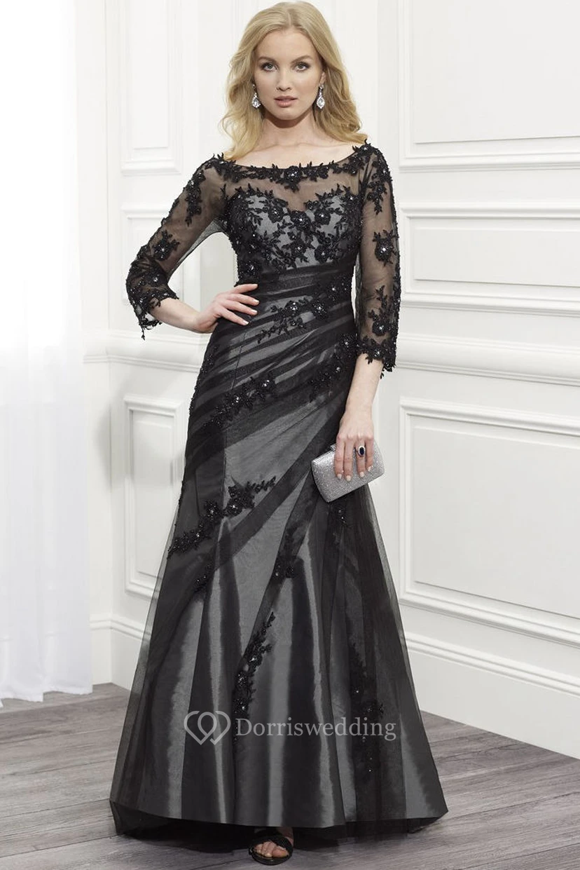 A-Linien-Abendkleid aus Tüll und Satin mit Rundhalsausschnitt, Applikationen, bodenlang, 3-4 Ärmeln, Perlenstickerei und seitlicher Drapierung