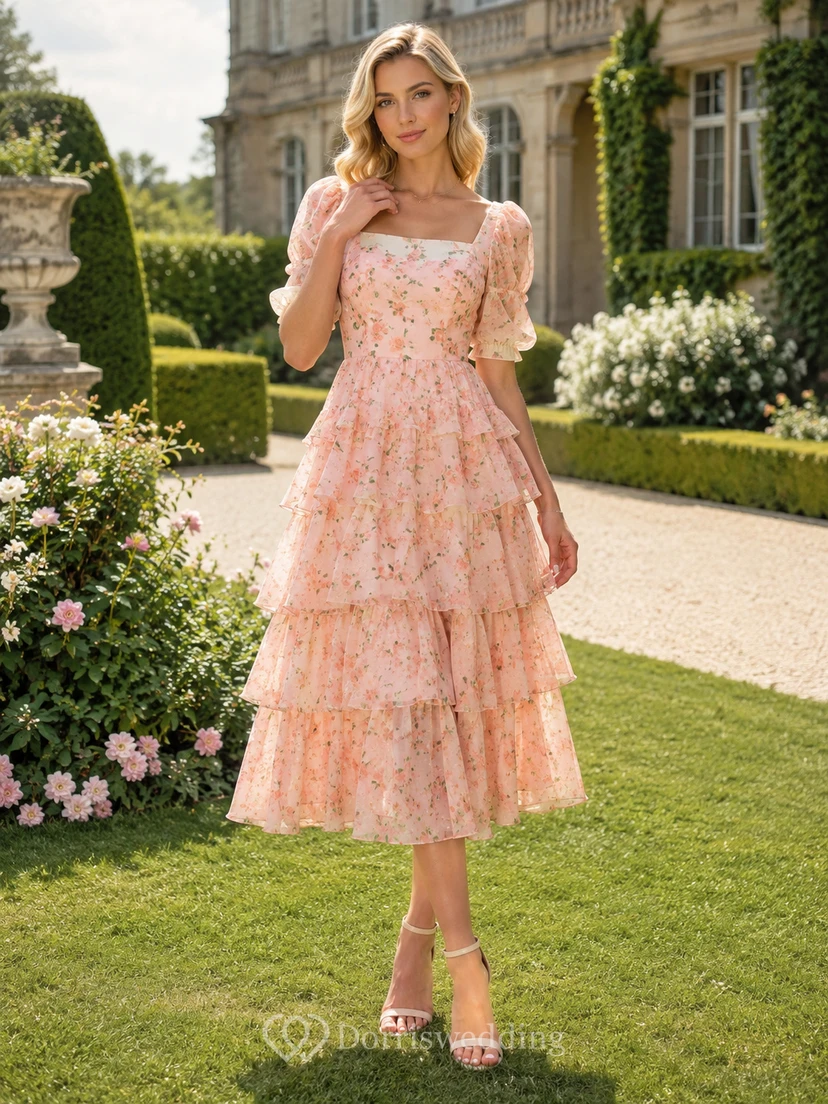Peach Floral Square Neck Puff Sleeve Tiered Guest Dress