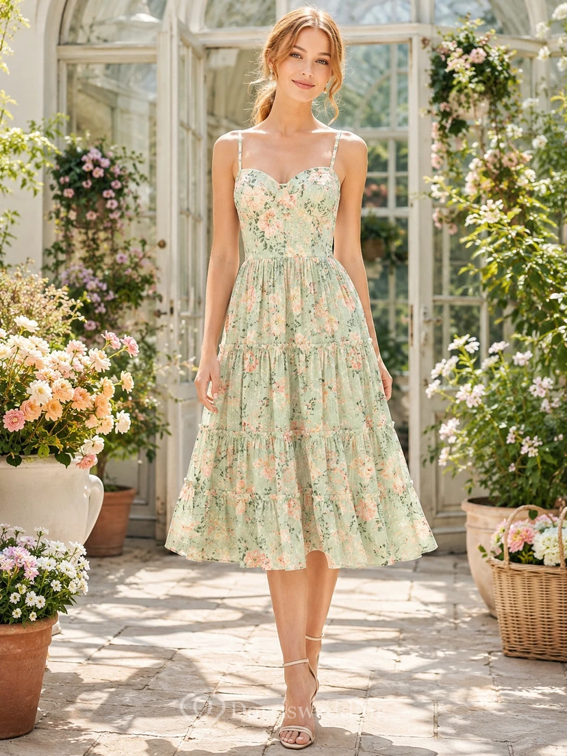 Mint Floral Spaghetti Strap Tiered Midi Garden Party Dress