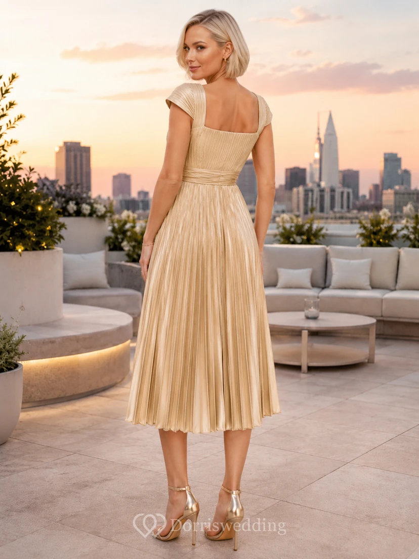 Champagne Square Neck Cap Sleeve Pleated Tea Guest Dress view 2