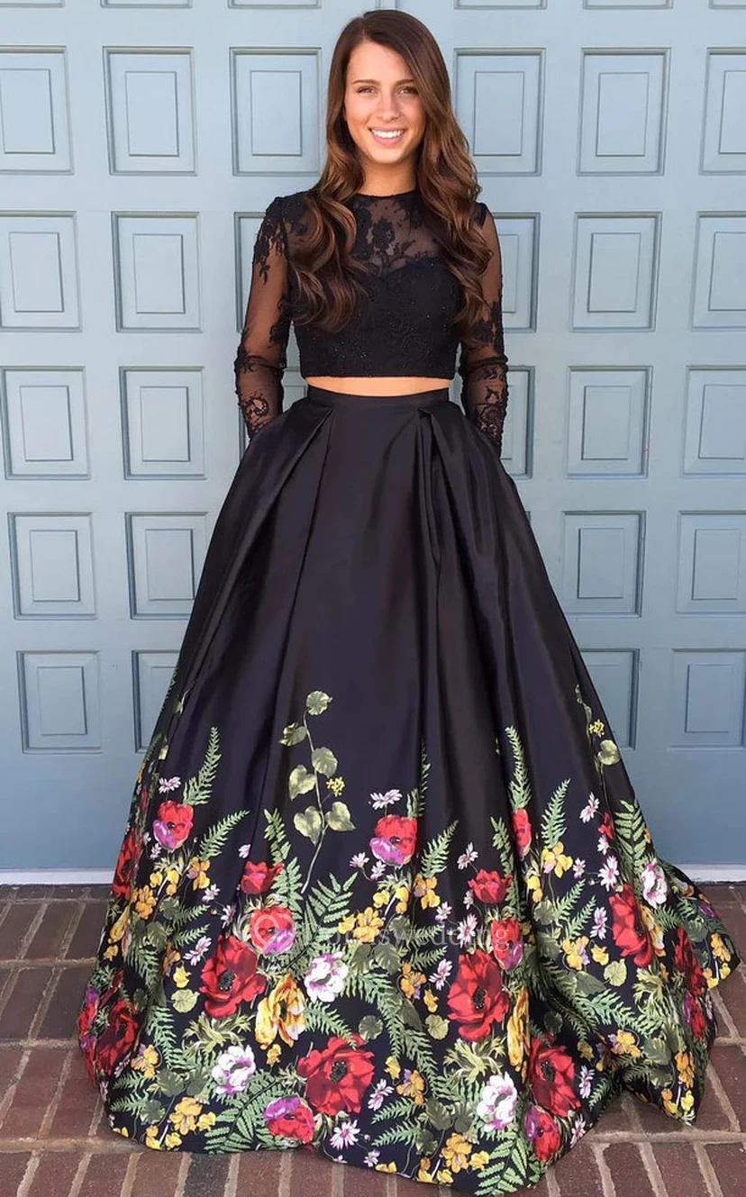 Schwarzes zweiteiliges A-Linien-Abendkleid mit Illusion-Ausschnitt, langen Ärmeln und Schlüssellochausschnitt sowie floraler Stickerei view 2