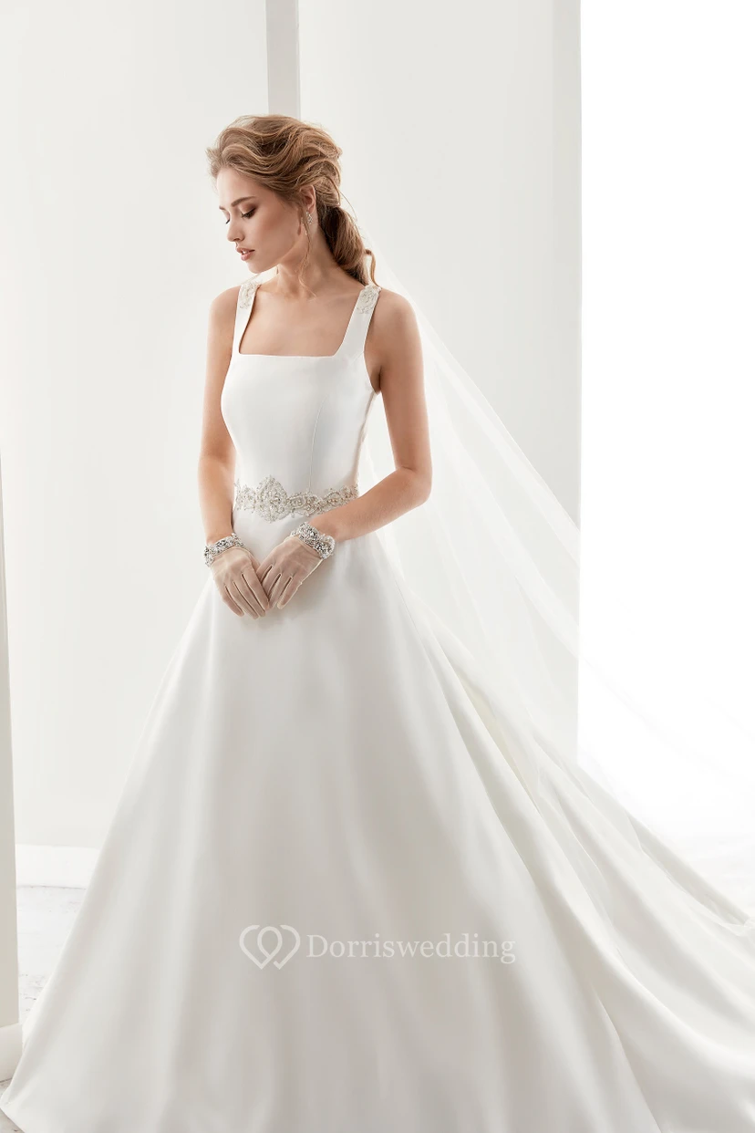 Square-Neck Satin A-Line Bridal Gown With Beaded Belt And Crisscross Straps Back view 3