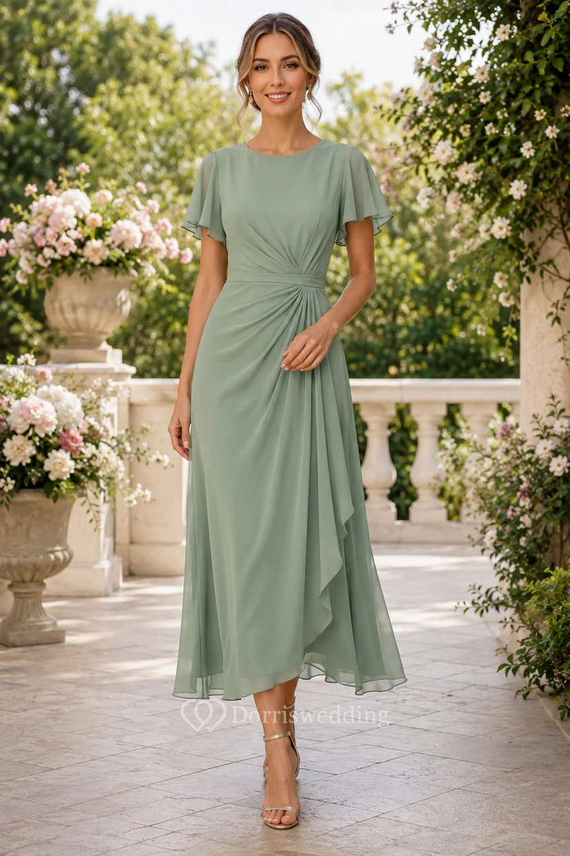 Salbeigrünes Chiffonkleid mit kurzen Ärmeln und Teelänge in A-Linie
