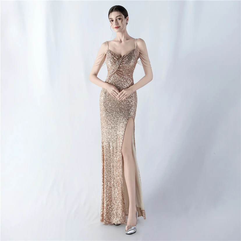 Robe de soirée sexy à bretelles et fente haute, ornée de perles et de perles artisanales. view 37