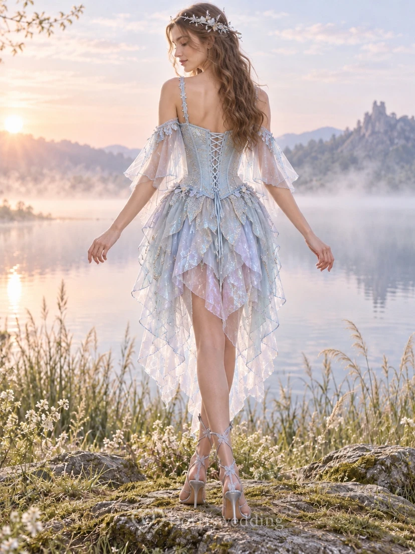 Robe bleue féerique asymétrique à décolleté cœur et manches papillon, corset irisé à pétales view 2