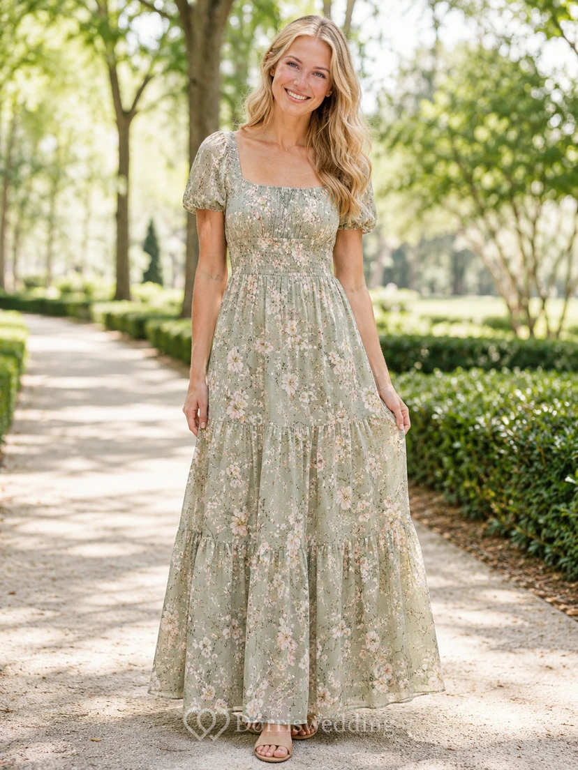 Sage floral puff sleeve tiered maxi garden dress