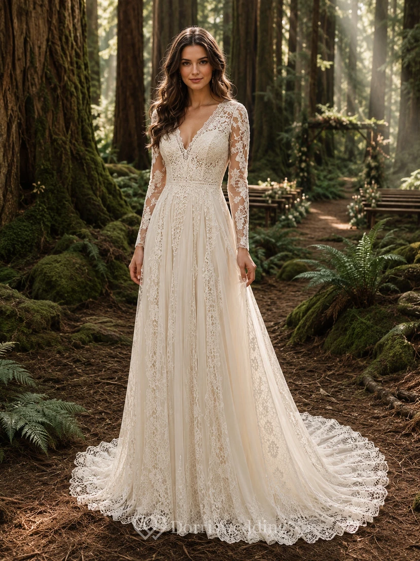 V Neck Long Sleeve Lace Woodland Bridal Gown