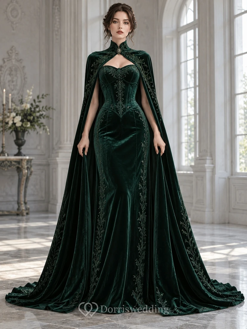Robe de soirée gothique en velours vert à col montant, corset et cape, style cape.