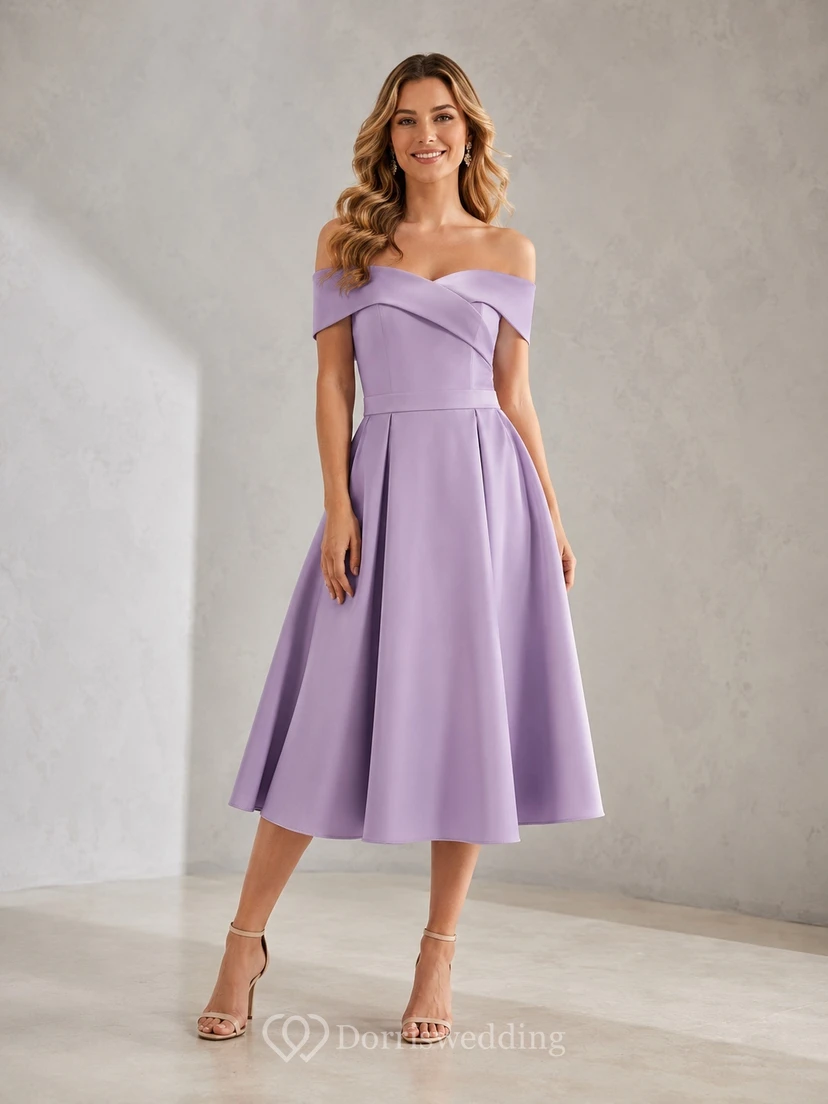 Lilac Off-Shoulder Satin A-Line Tea-Length Pleated Romantic Bridesmaid Guest Dress